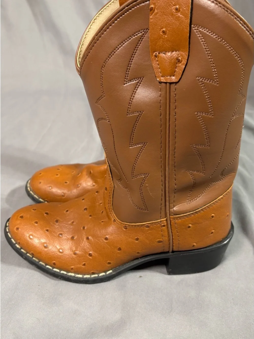 Old West Kids Cowboy Boots Size 13 Ostrich Textured Leather Brown Western Boots